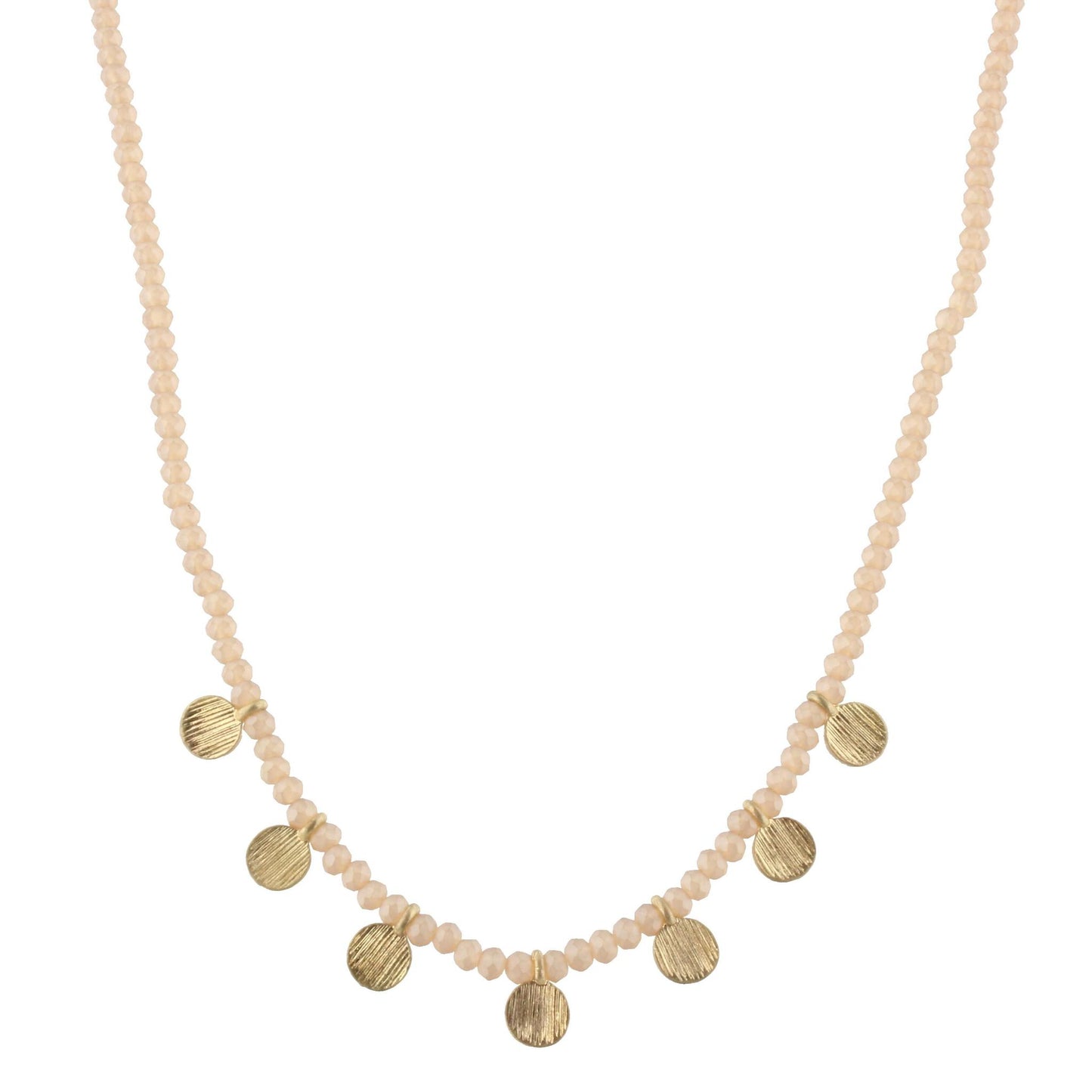 16" Matte Champagne Beaded Necklace with Gold Disks, 3" Ext