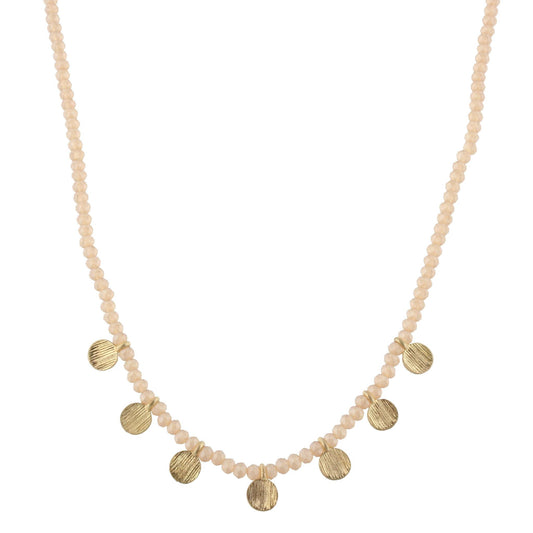 16" Matte Champagne Beaded Necklace with Gold Disks, 3" Ext