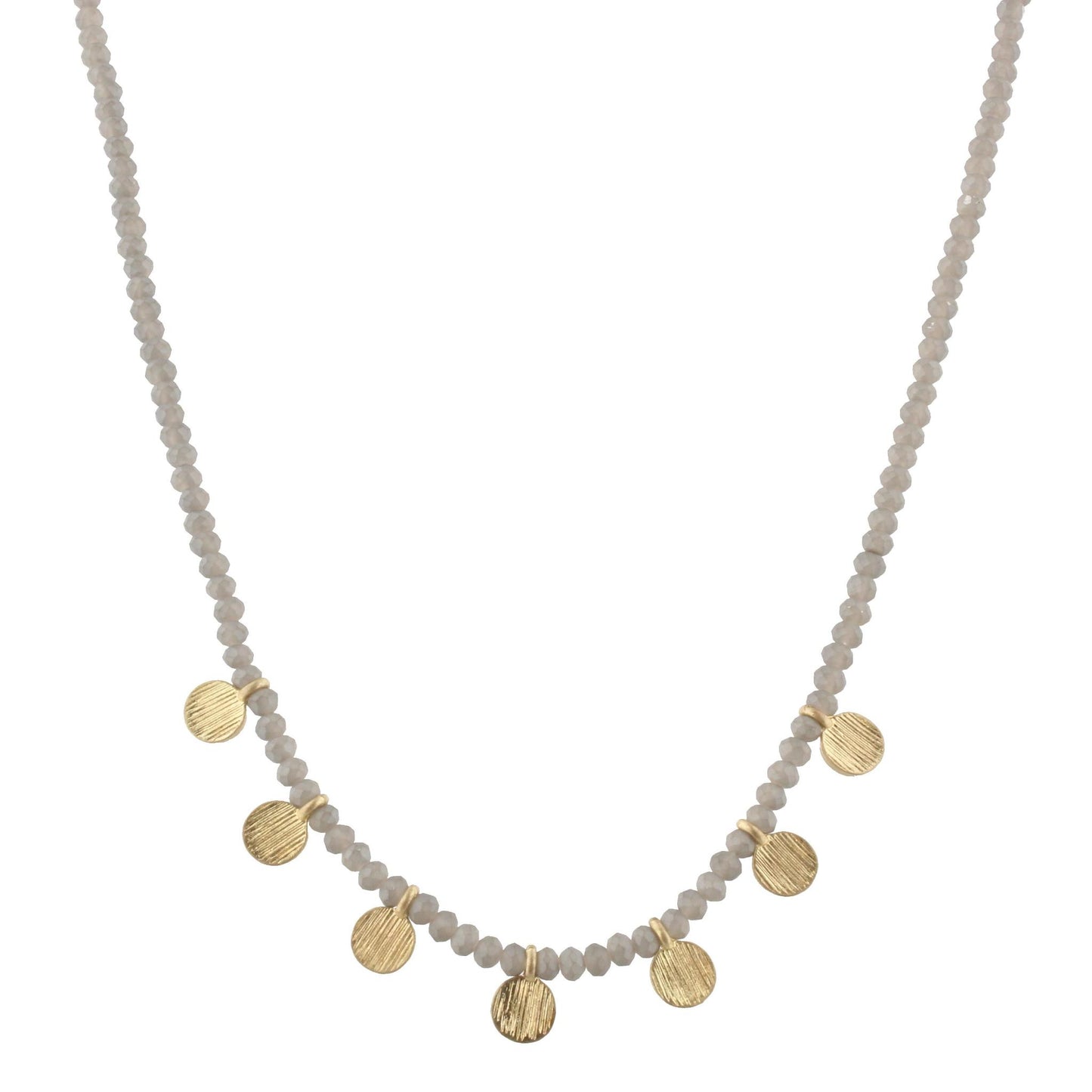 16" Matte Grey Beaded Necklace with Gold Disks, 3" Ext