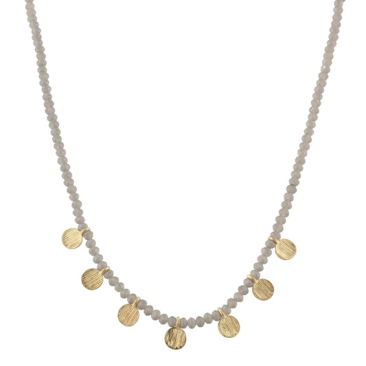 16" Matte Grey Beaded Necklace with Gold Disks, 3" Ext