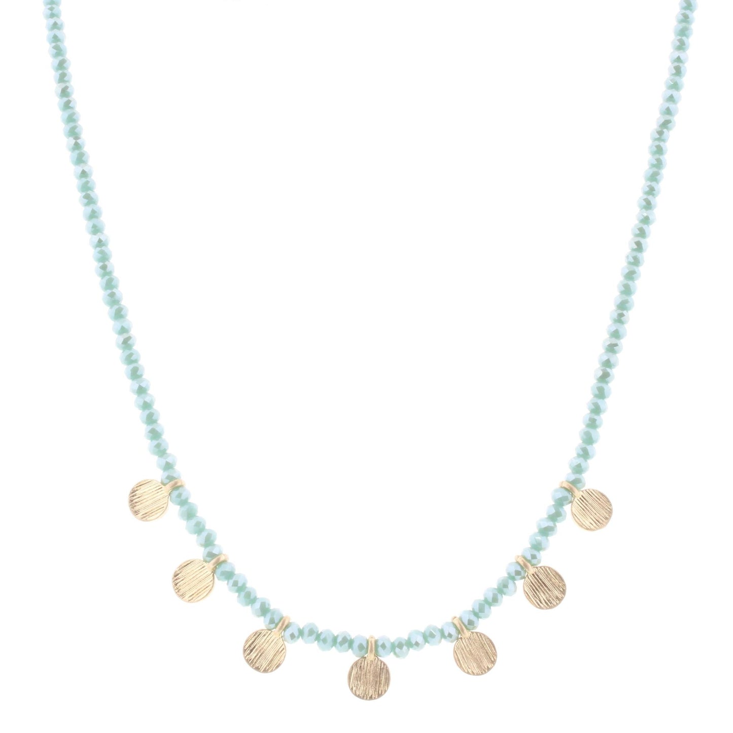16" Mint Beaded Necklace with Gold Disks, 3" Ext