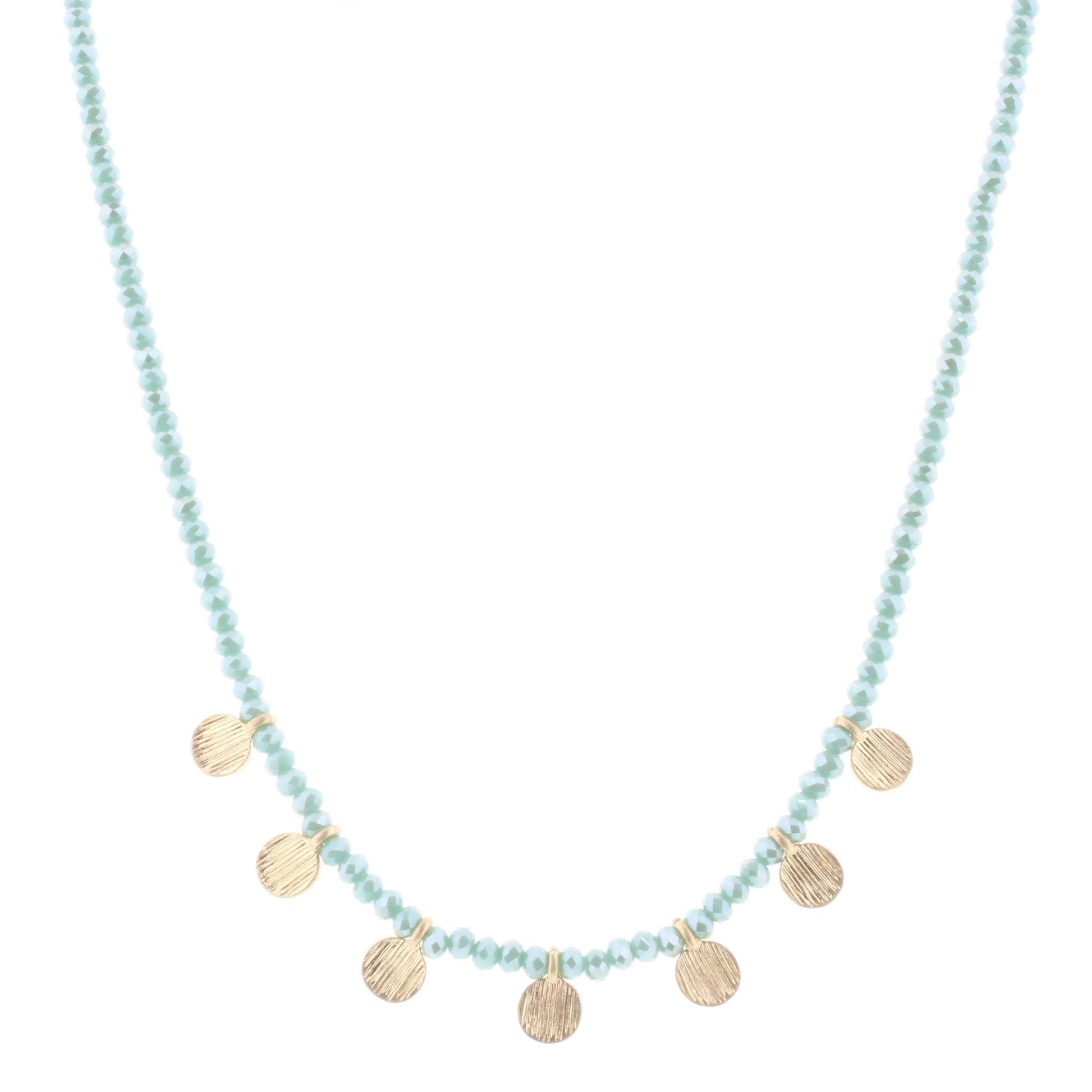 16" Mint Beaded Necklace with Gold Disks, 3" Ext