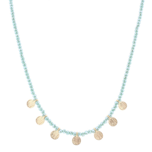 16" Mint Beaded Necklace with Gold Disks, 3" Ext