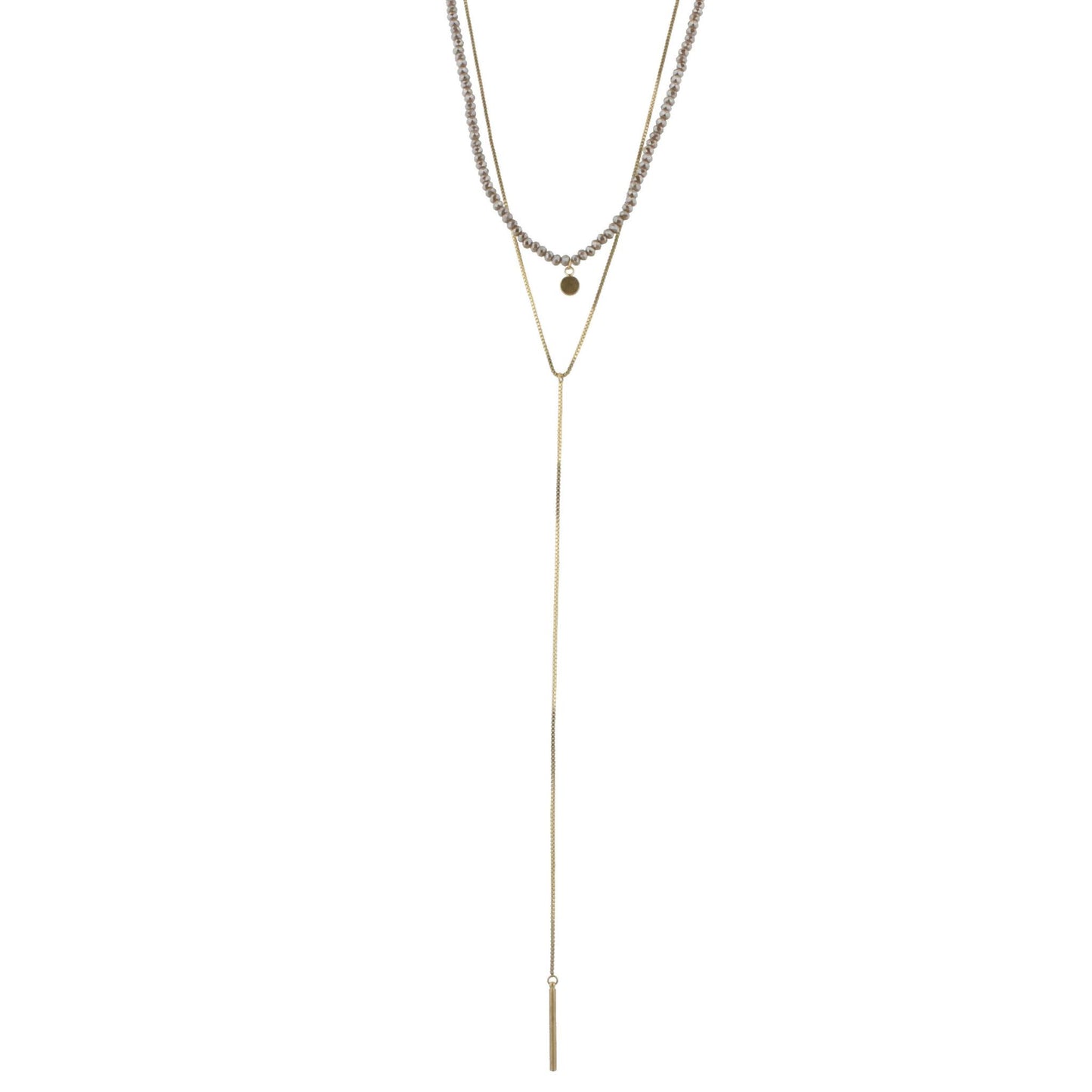 16" Greige Beaded 2 Layer Necklace with 8" Y Drop, 3" Ext