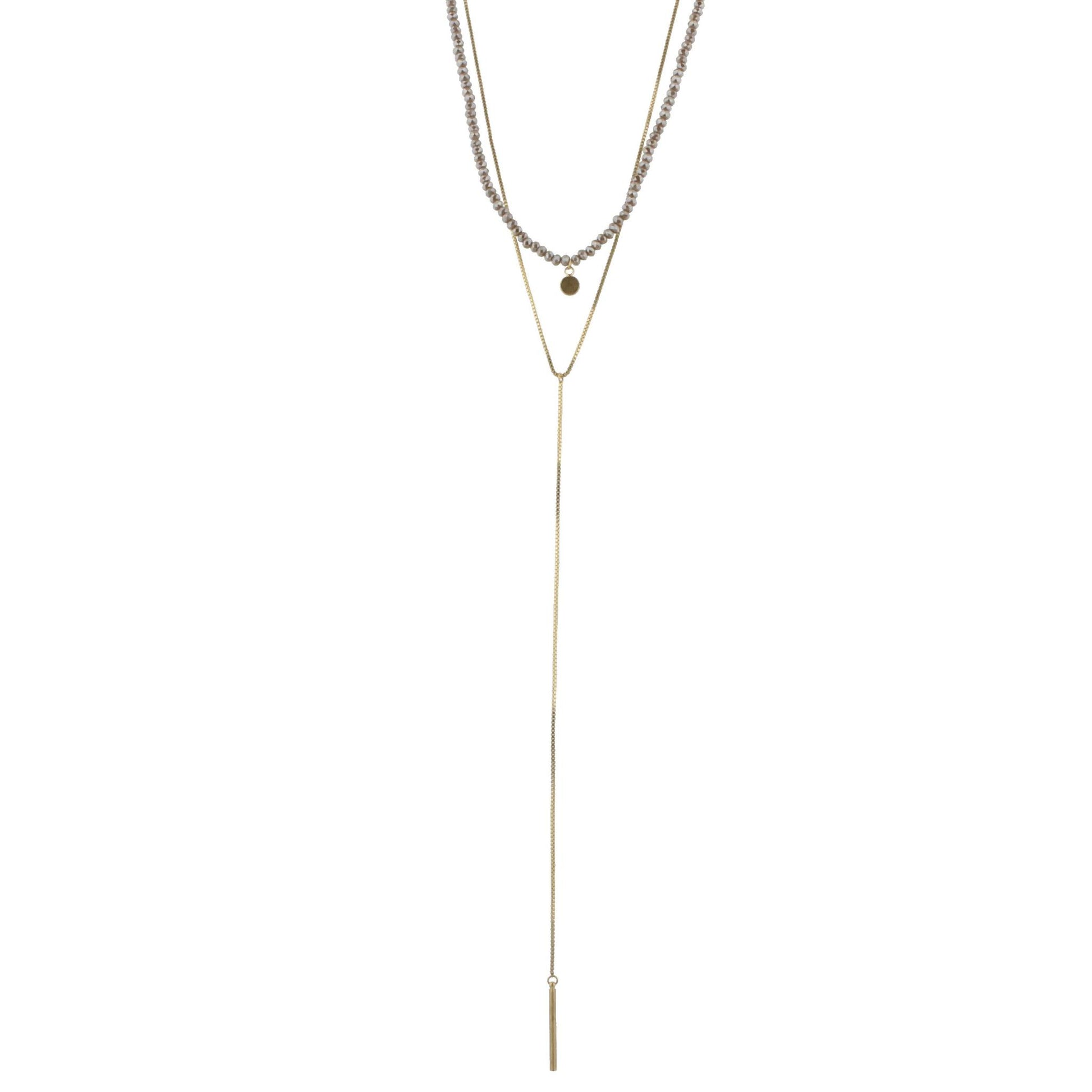 16" Greige Beaded 2 Layer Necklace with 8" Y Drop, 3" Ext