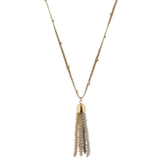 32" Tan Braided Body Necklace with Matte Champagne Beaded Tassel