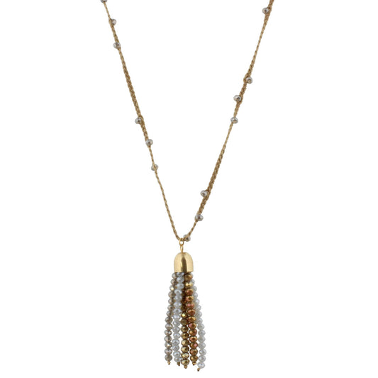 32" Tan Braided Body Necklace with Greige and Grey Beaded Tassel