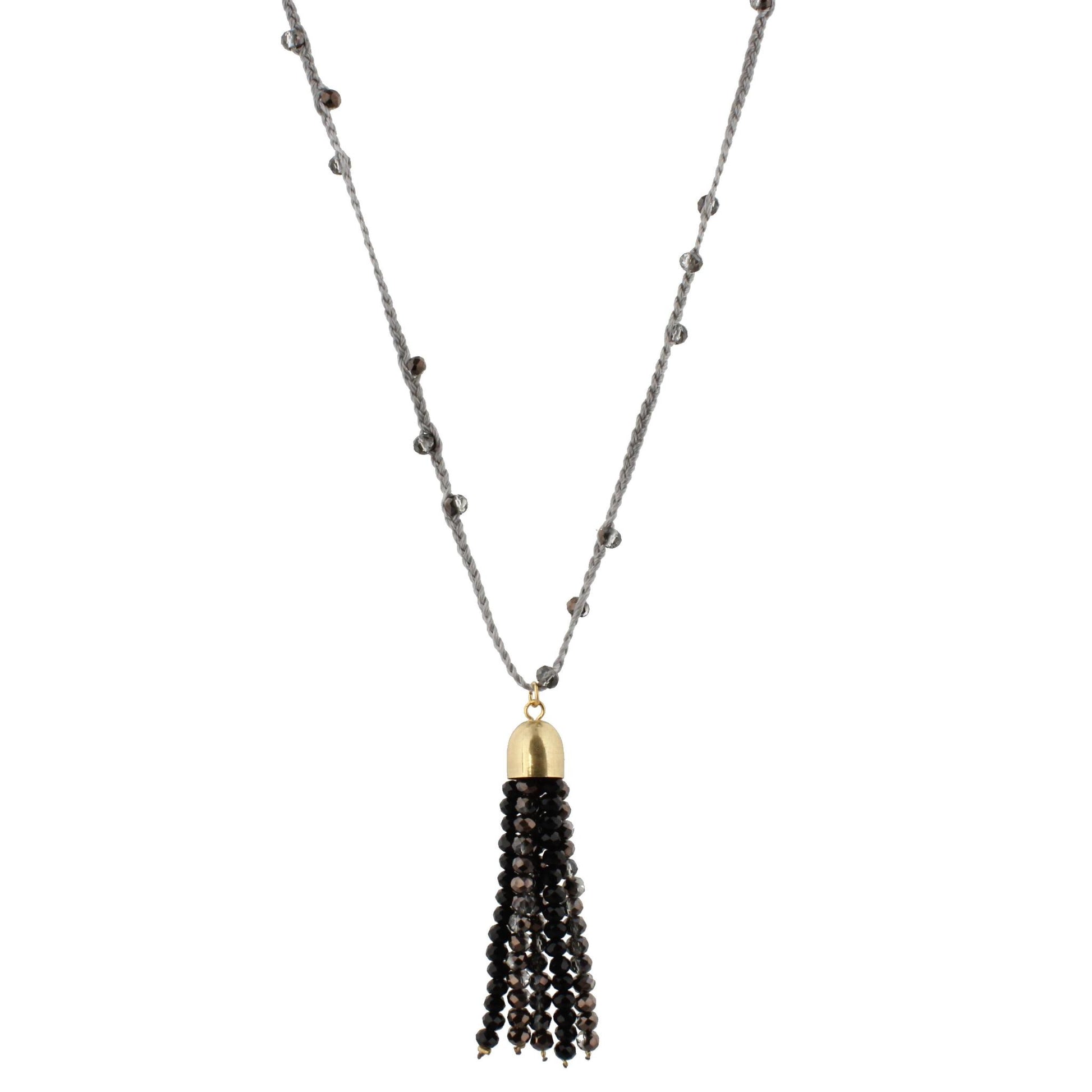 32" Grey Braided Body Necklace with Jet and Metallic Beaded Tassel