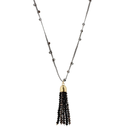 32" Grey Braided Body Necklace with Jet and Metallic Beaded Tassel