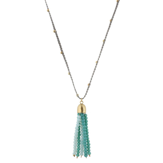 32" Grey Braided Body Necklace with Multi Mint Beaded Tassel