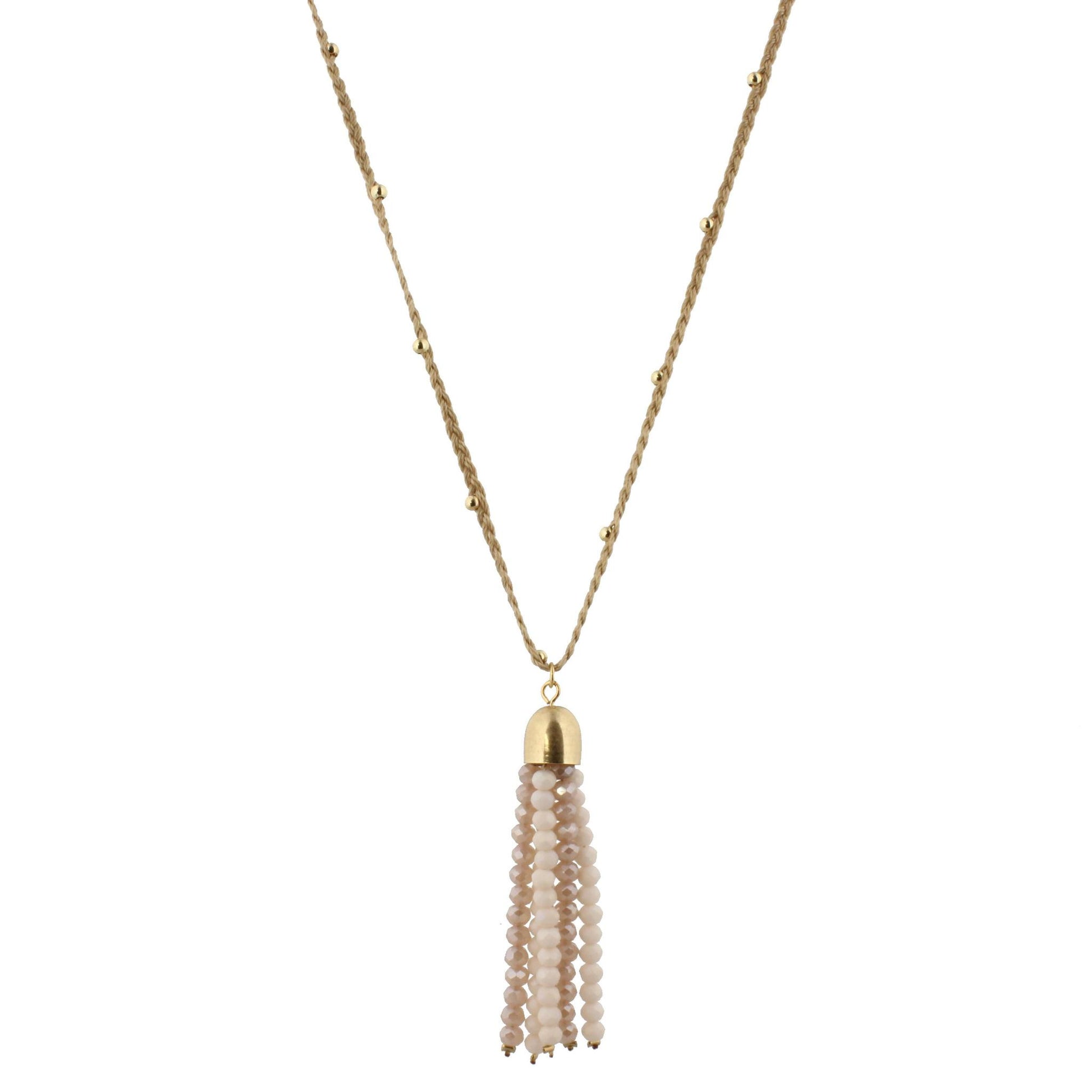 32" Tan Braided Body Necklace with Nude and Champagne Beaded Tassel
