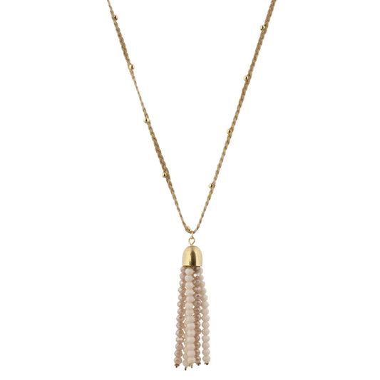 32" Tan Braided Body Necklace with Nude and Champagne Beaded Tassel
