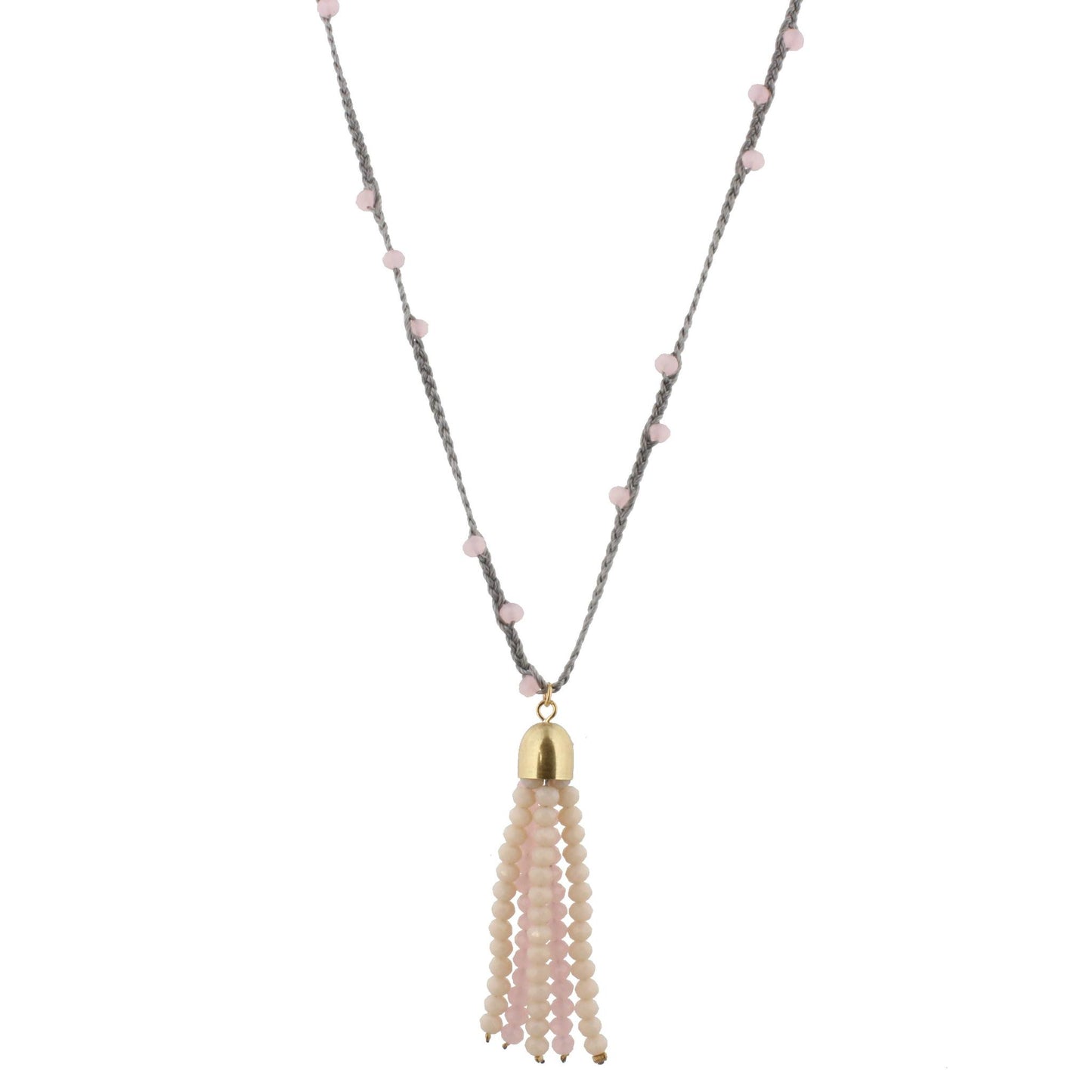 32" Grey Braided Body Necklace with Multi Pink Beaded Tassel