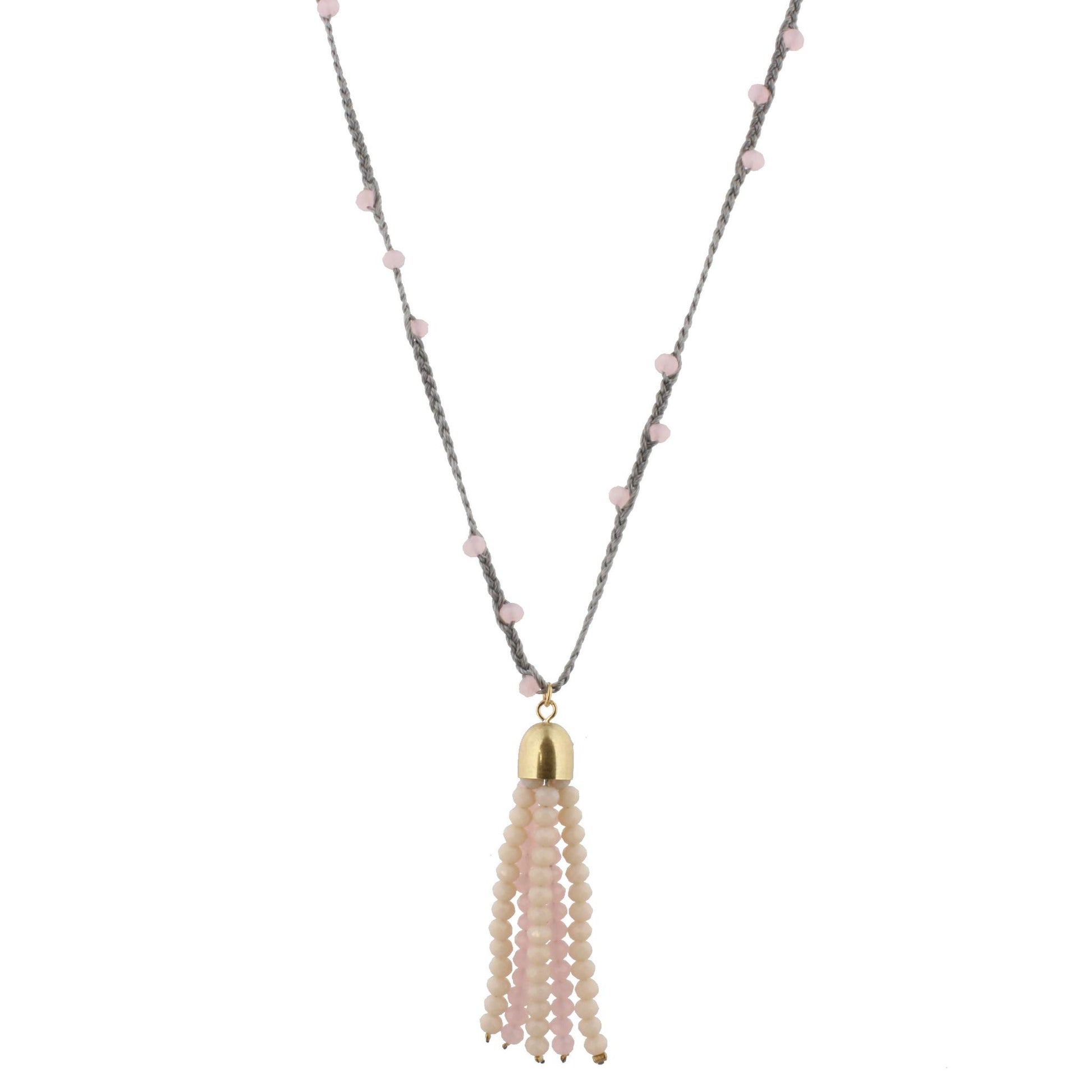 32" Grey Braided Body Necklace with Multi Pink Beaded Tassel