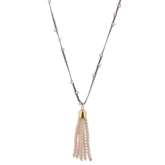 32" Grey Braided Body Necklace with Multi Pink Beaded Tassel