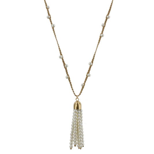 32" Tan Braided Body Necklace with Pearl Beaded Tassel