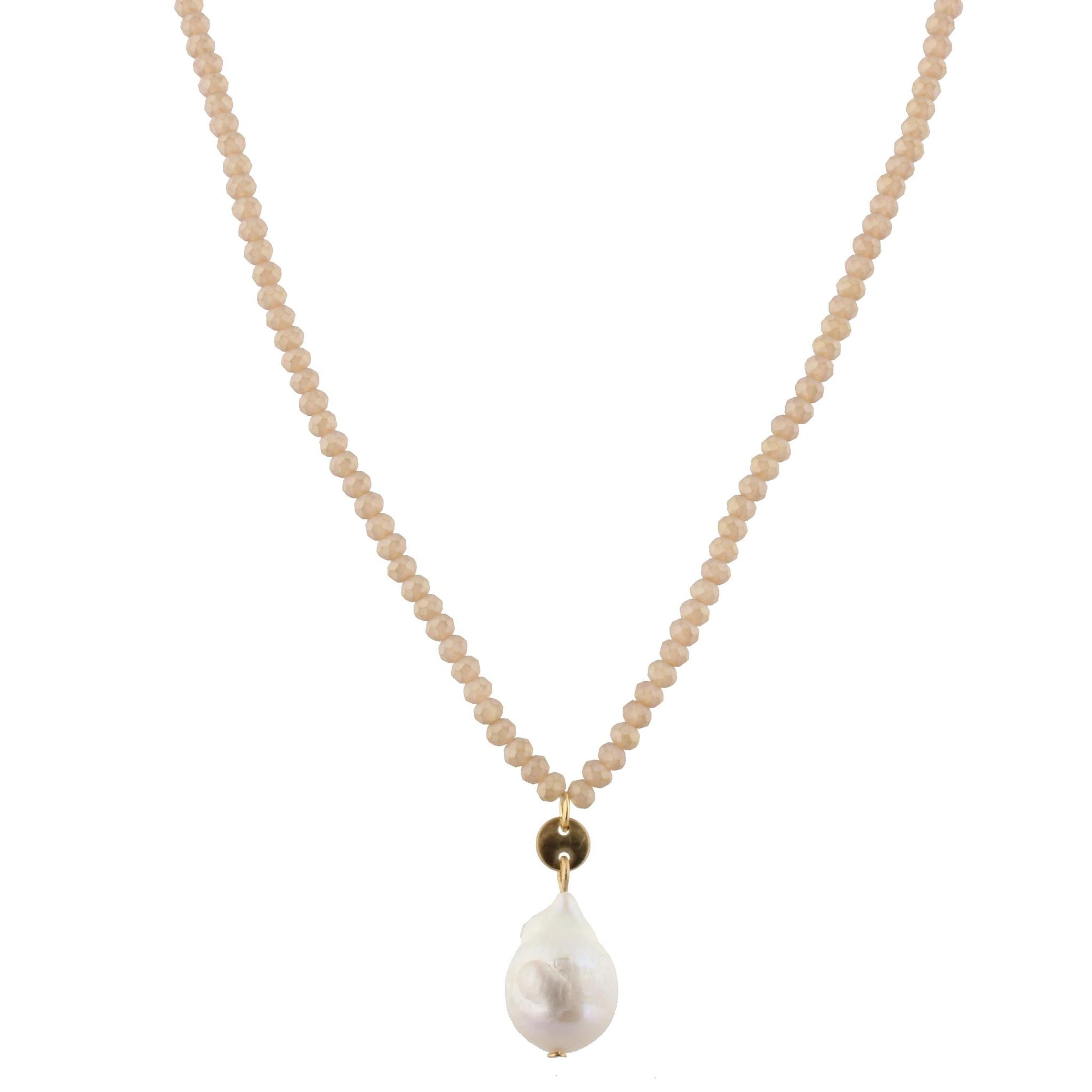 32" Matte Champagne Beaded Necklace with Baroque Pearl, 3" Ext