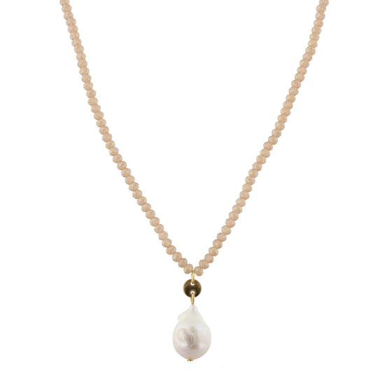 32" Matte Champagne Beaded Necklace with Baroque Pearl, 3" Ext