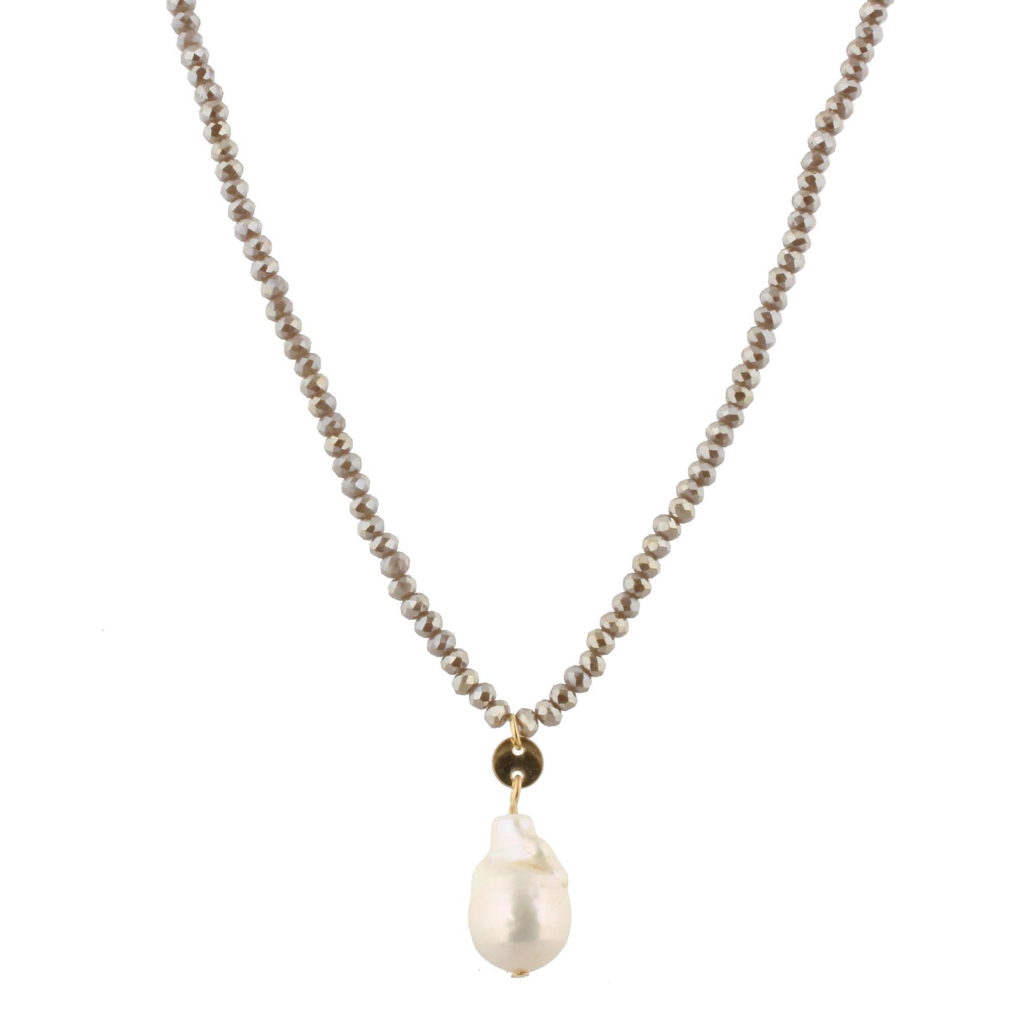 32" Greige Beaded Necklace with Baroque Pearl, 3" Ext