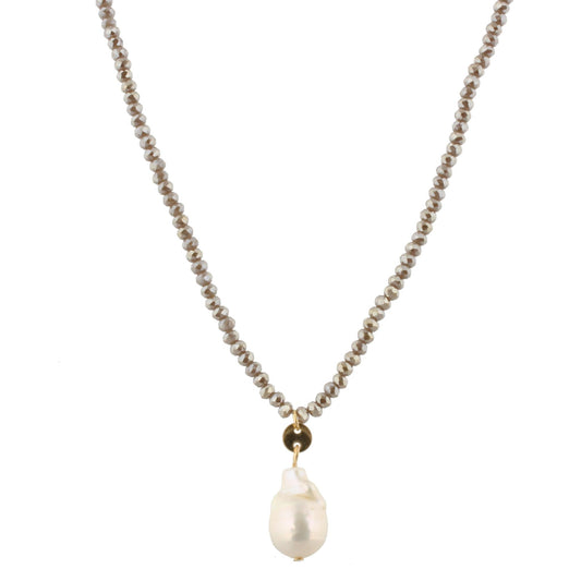 32" Greige Beaded Necklace with Baroque Pearl, 3" Ext