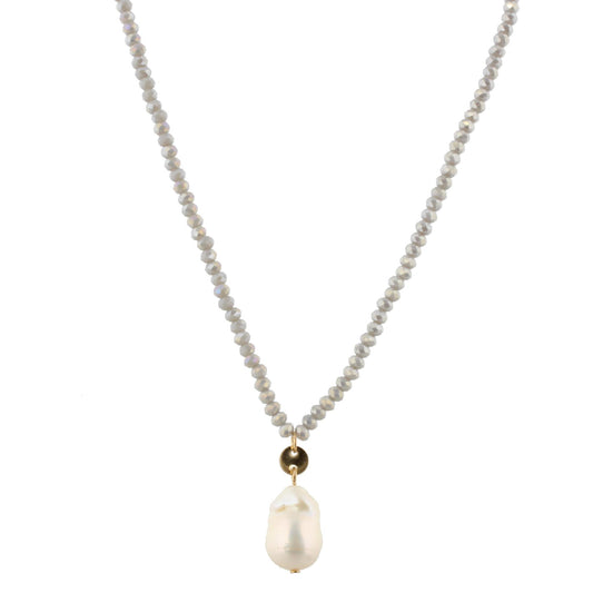 32" Grey Beaded Necklace with Baroque Pearl, 3" Ext