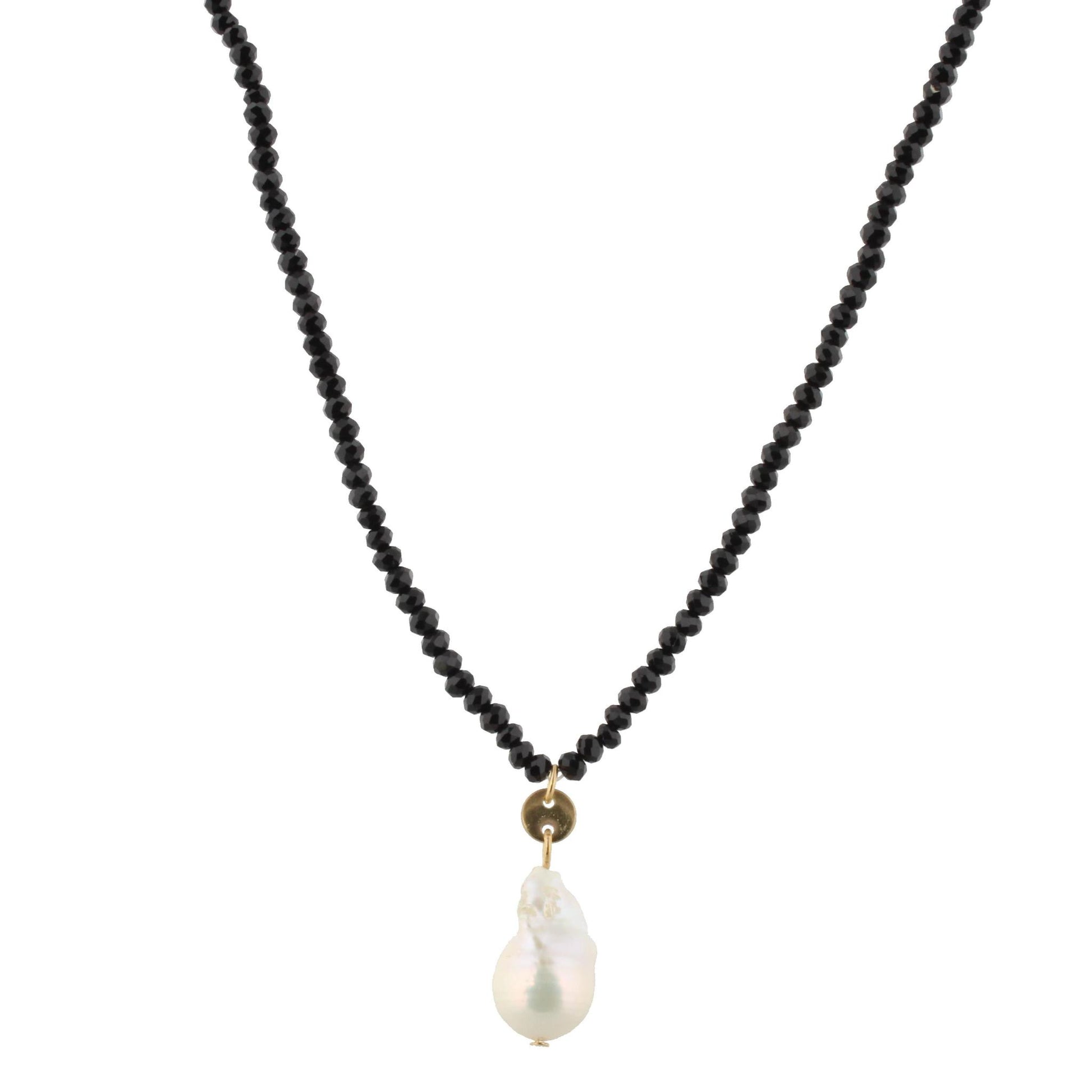 32" Jet Beaded Necklace with Baroque Pearl, 3" Ext