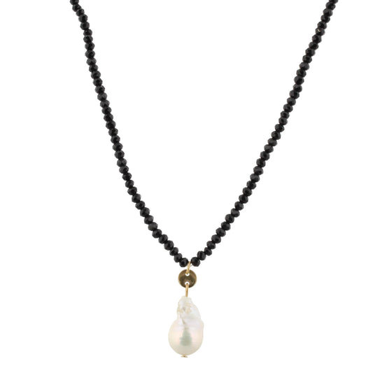 32" Jet Beaded Necklace with Baroque Pearl, 3" Ext