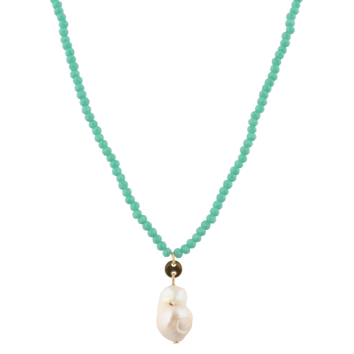 32" Mint Beaded Necklace with Baroque Pearl, 3" Ext