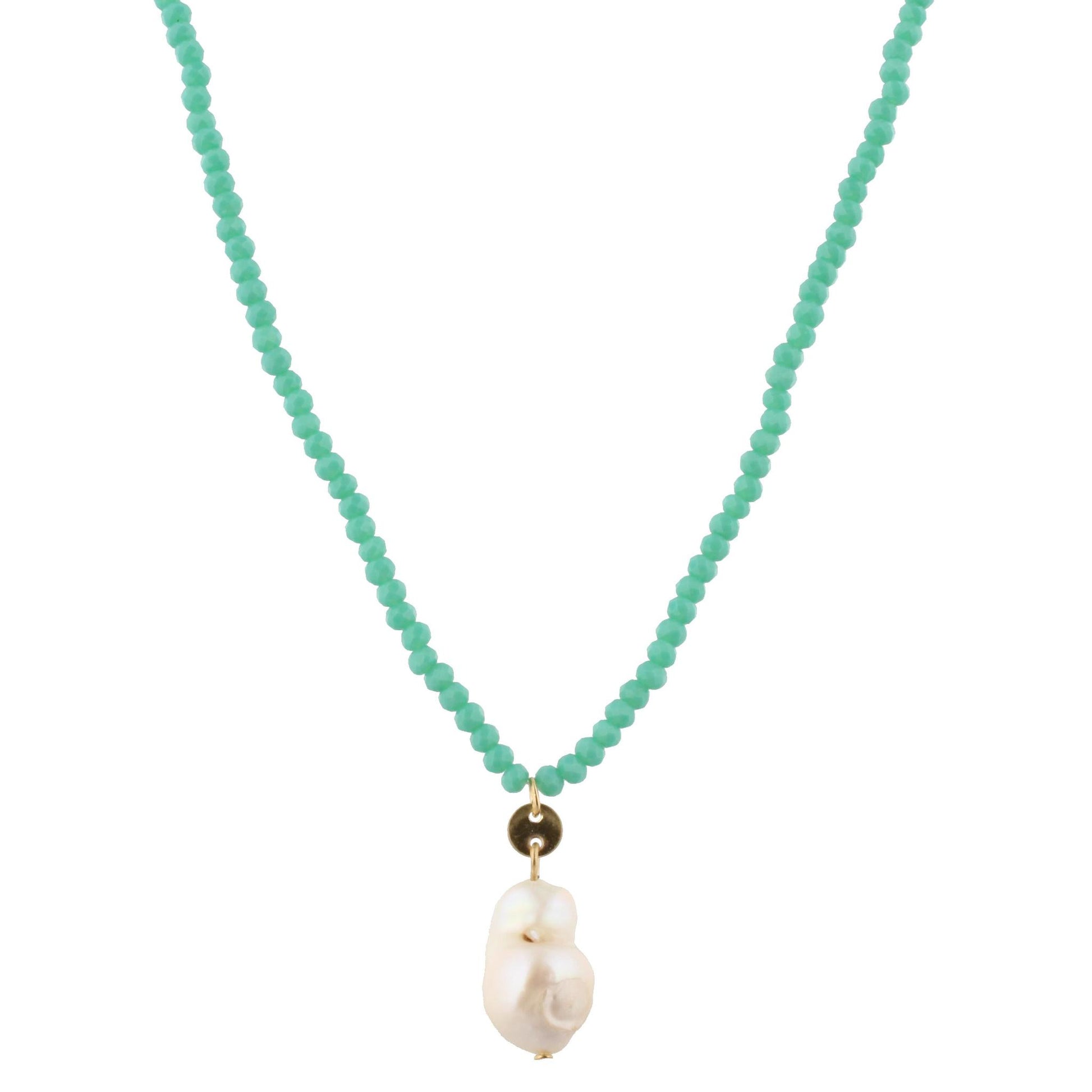 32" Mint Beaded Necklace with Baroque Pearl, 3" Ext