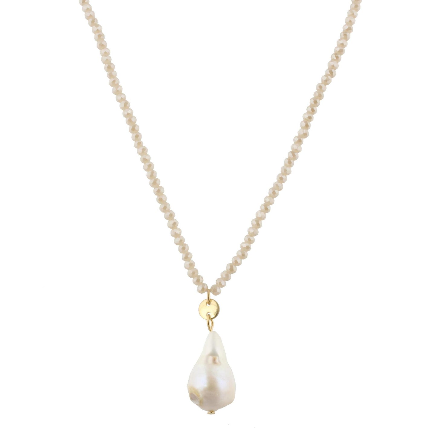 32" Nude Beaded Necklace with Baroque Pearl, 3" Ext