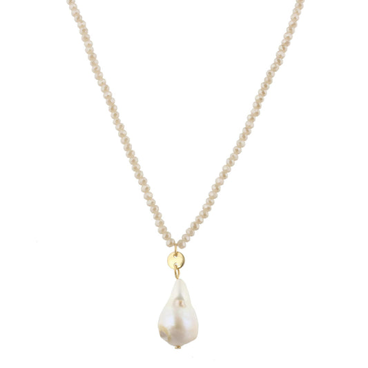 32" Nude Beaded Necklace with Baroque Pearl, 3" Ext