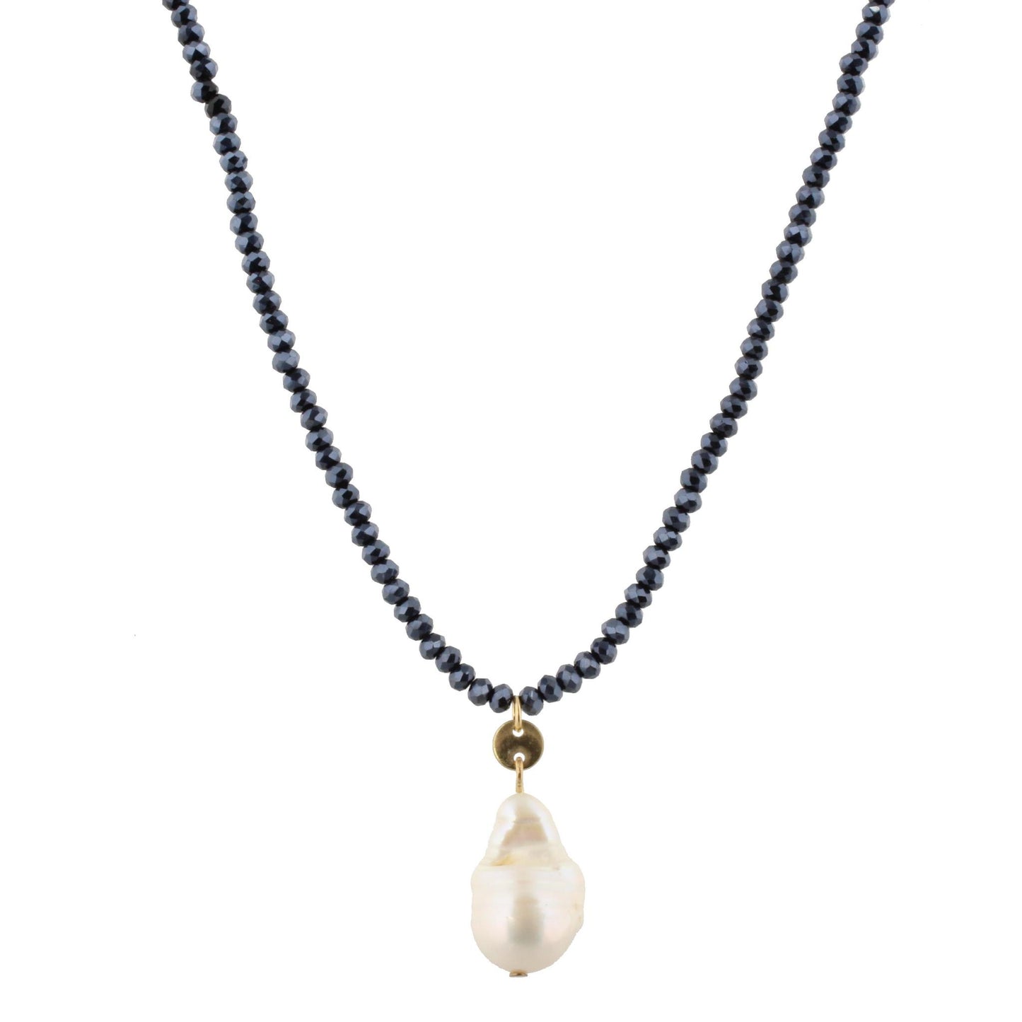 32" Metallic Navy Beaded Necklace with Baroque Pearl, 3" Ext