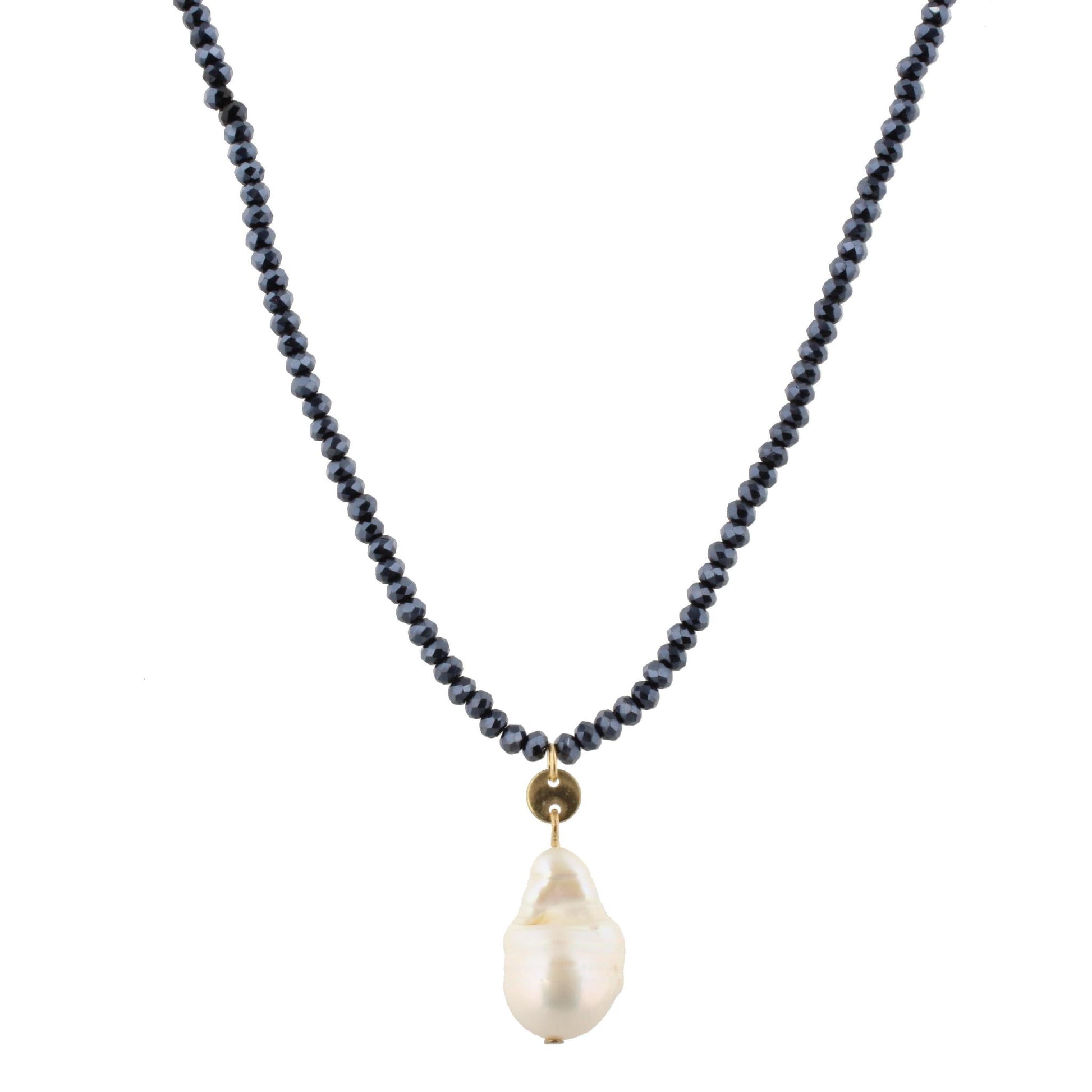 32" Metallic Navy Beaded Necklace with Baroque Pearl, 3" Ext