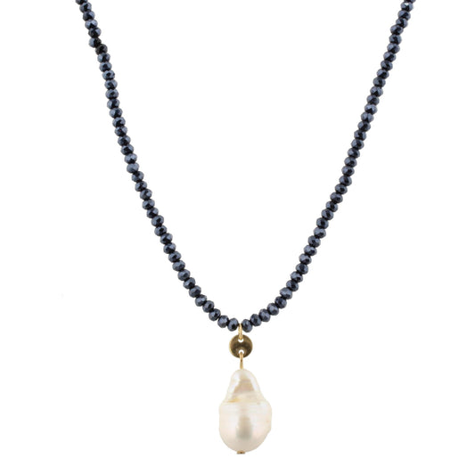32" Metallic Navy Beaded Necklace with Baroque Pearl, 3" Ext