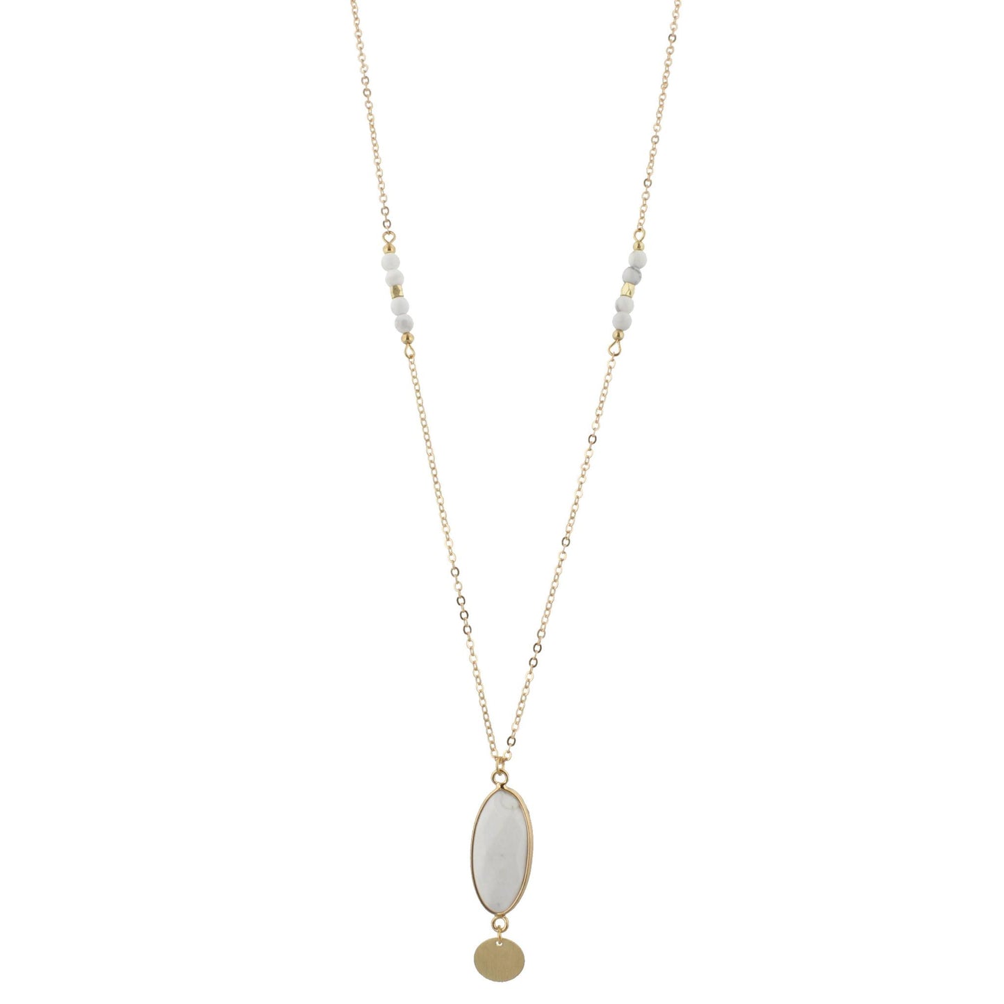32" Faceted Howlite Stone Necklace with Gold Disk Dangle, 3" Ext