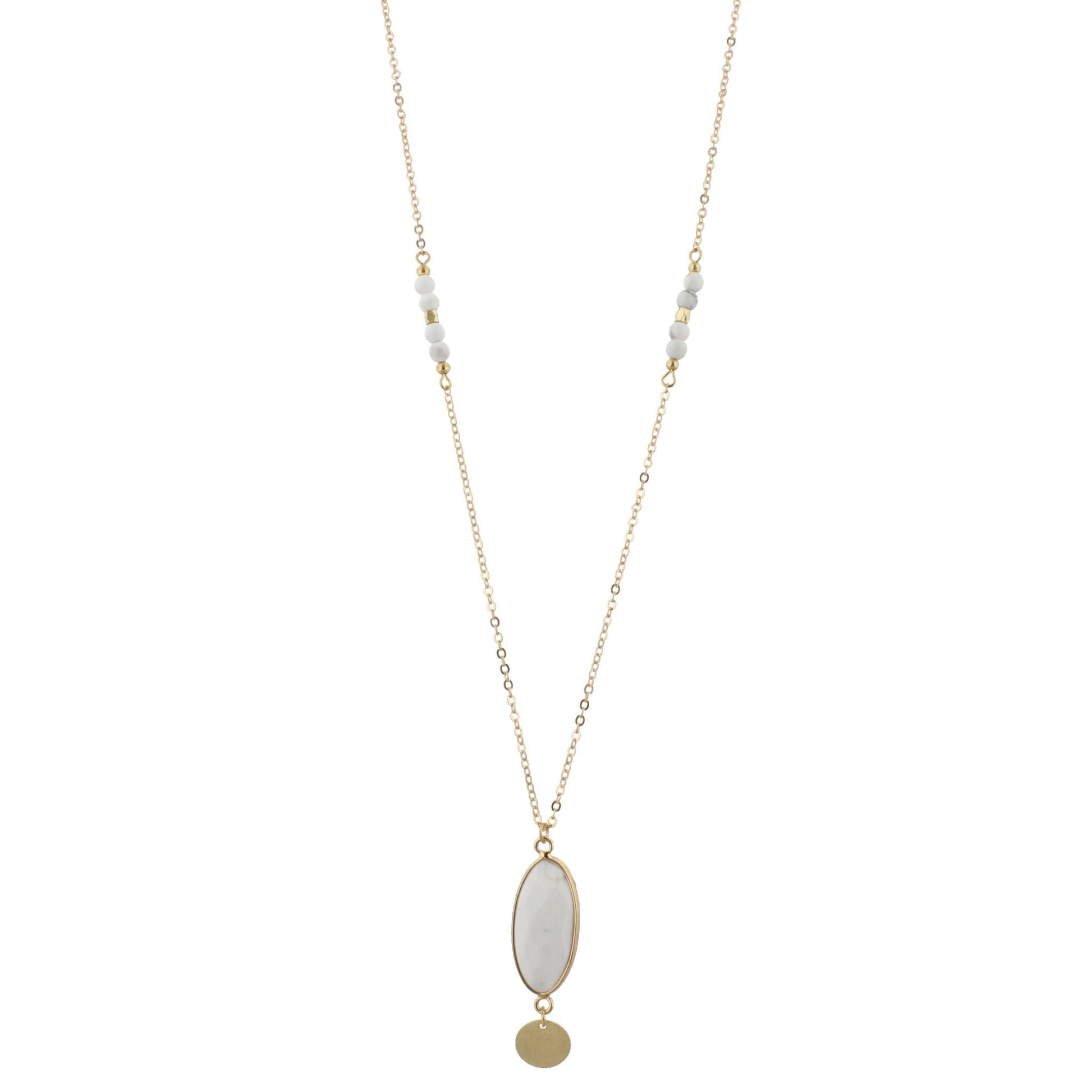32" Faceted Howlite Stone Necklace with Gold Disk Dangle, 3" Ext