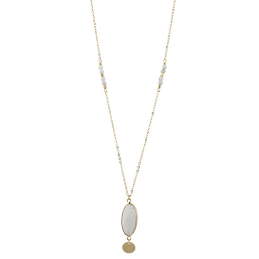 32" Faceted Howlite Stone Necklace with Gold Disk Dangle, 3" Ext