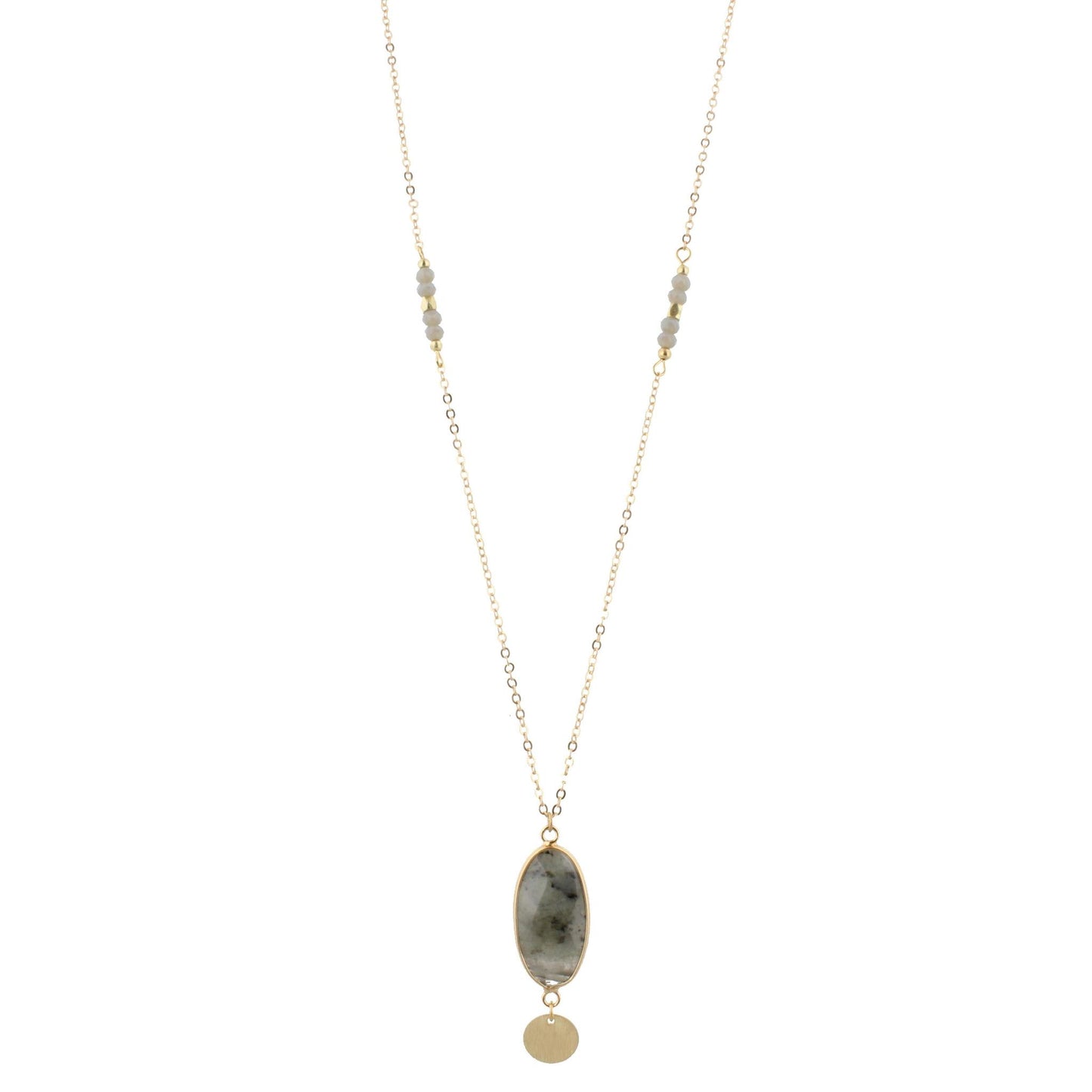 32" Faceted Labrodite Stone Necklace with Gold Disk Dangle, 3" Ext
