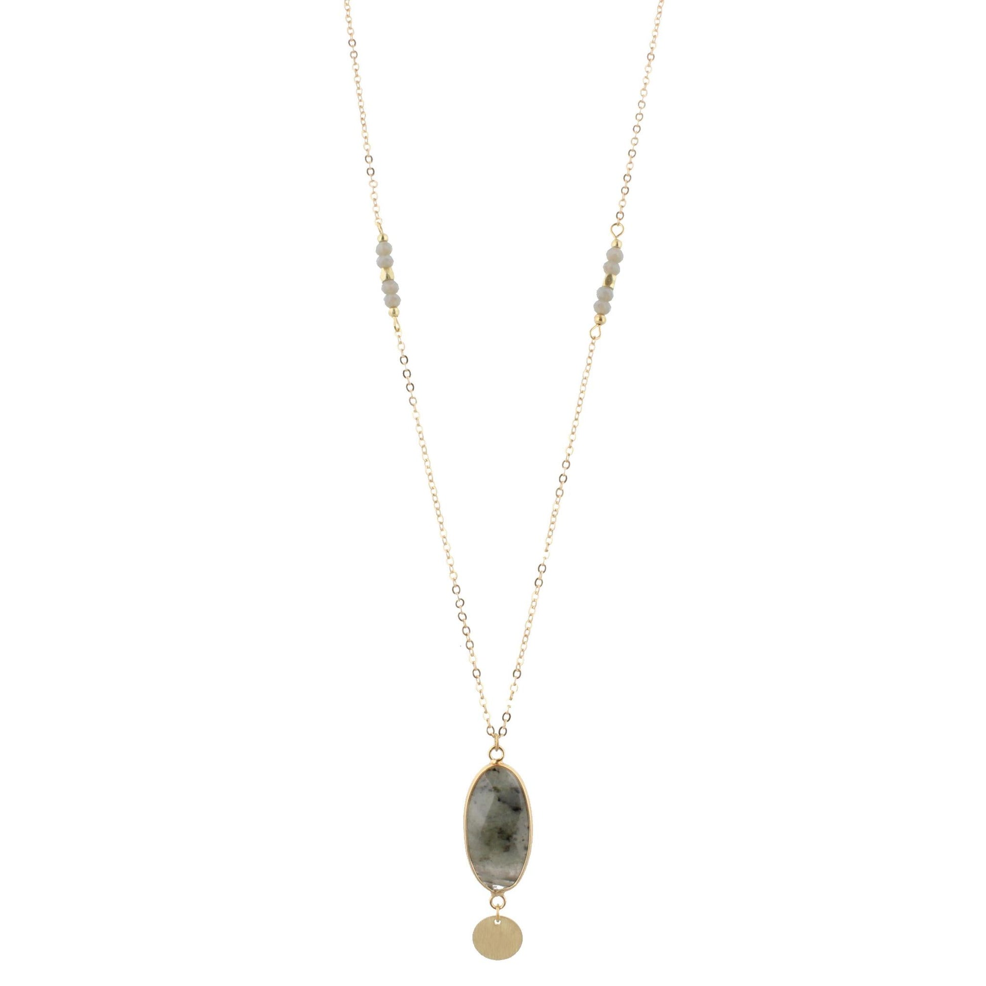 32" Faceted Labrodite Stone Necklace with Gold Disk Dangle, 3" Ext