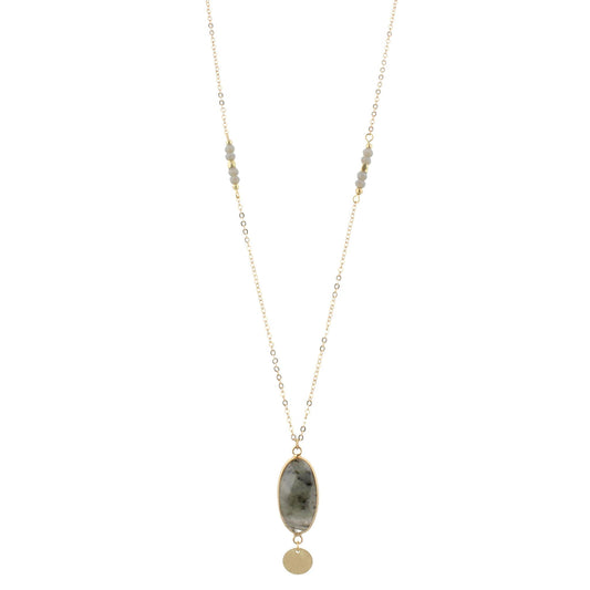 32" Faceted Labrodite Stone Necklace with Gold Disk Dangle, 3" Ext