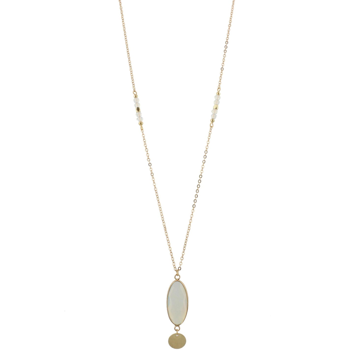 32" Faceted Moonstone Stone Necklace with Gold Disk Dangle, 3" Ext