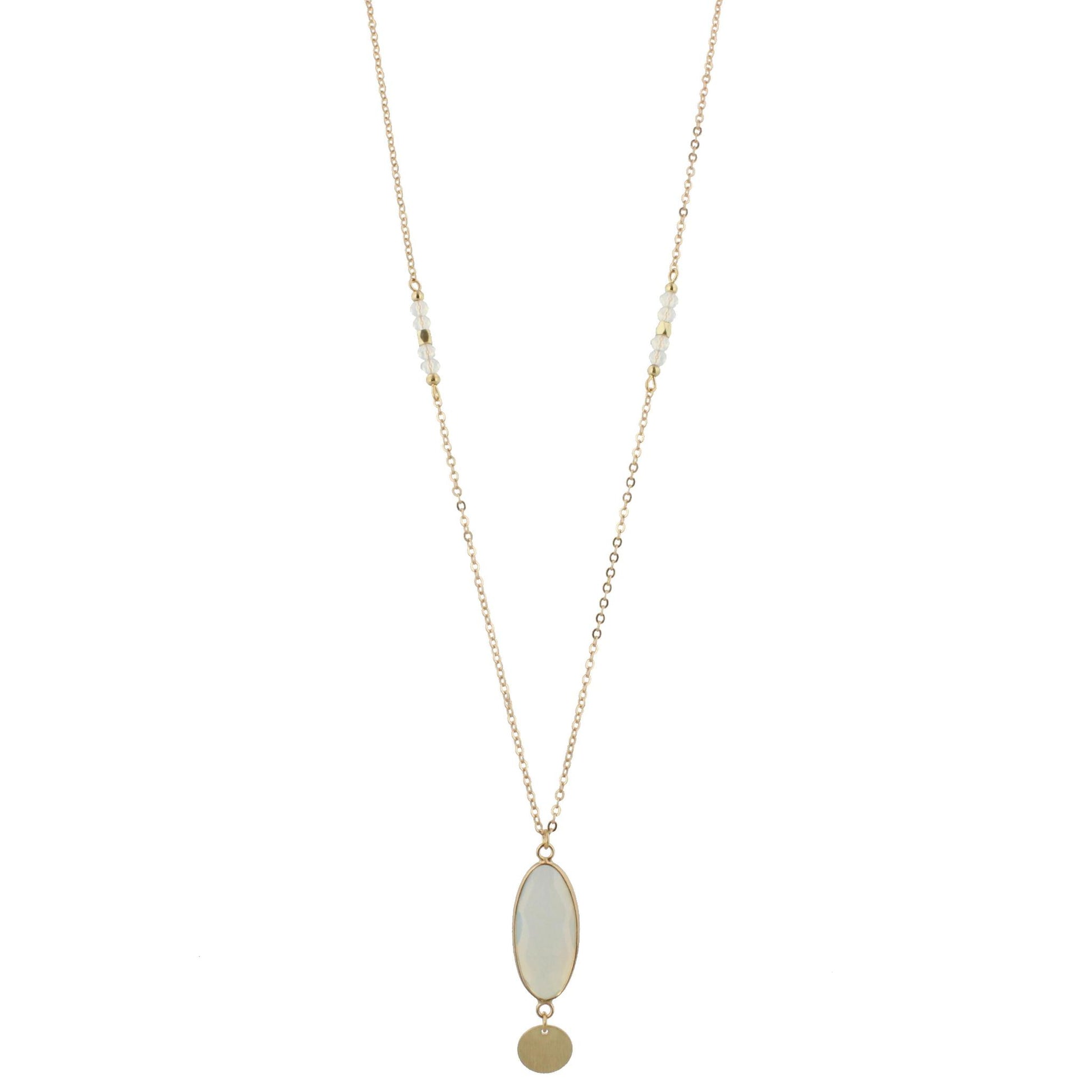 32" Faceted Moonstone Stone Necklace with Gold Disk Dangle, 3" Ext
