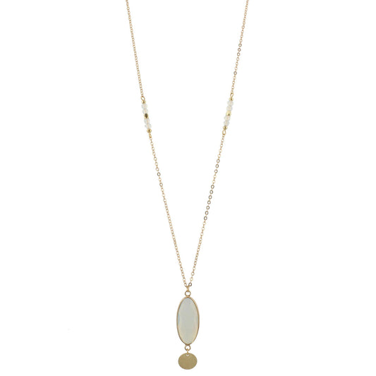 32" Faceted Moonstone Stone Necklace with Gold Disk Dangle, 3" Ext