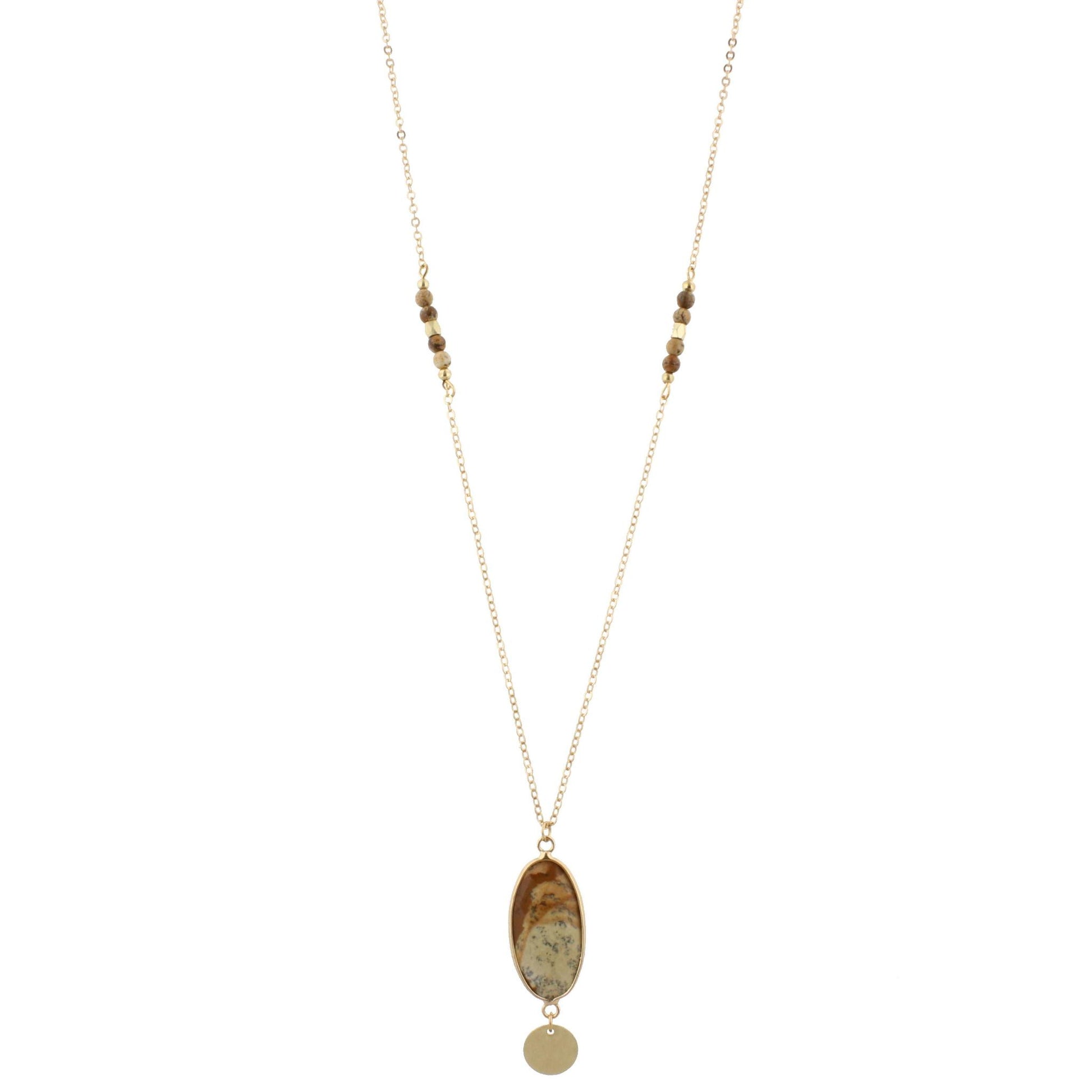 32" Faceted Picture Jasper Stone Necklace with Gold Disk Dangle, 3" Ext