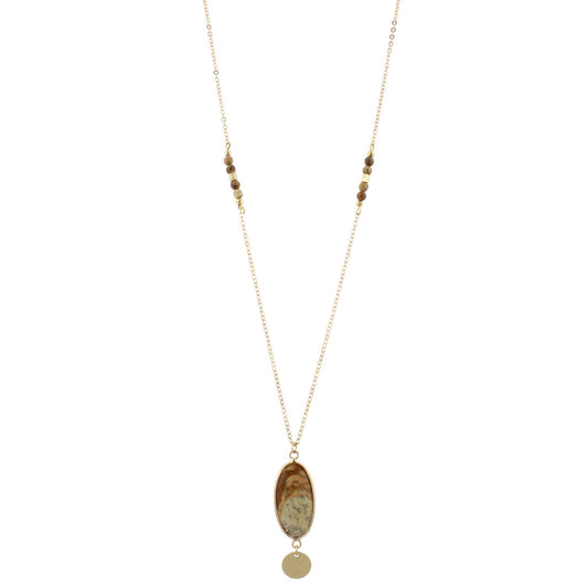 32" Faceted Picture Jasper Stone Necklace with Gold Disk Dangle, 3" Ext