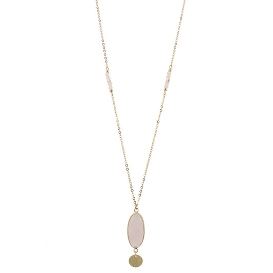 32" Faceted Pink Quartz Stone Necklace with Gold Disk Dangle, 3" Ext
