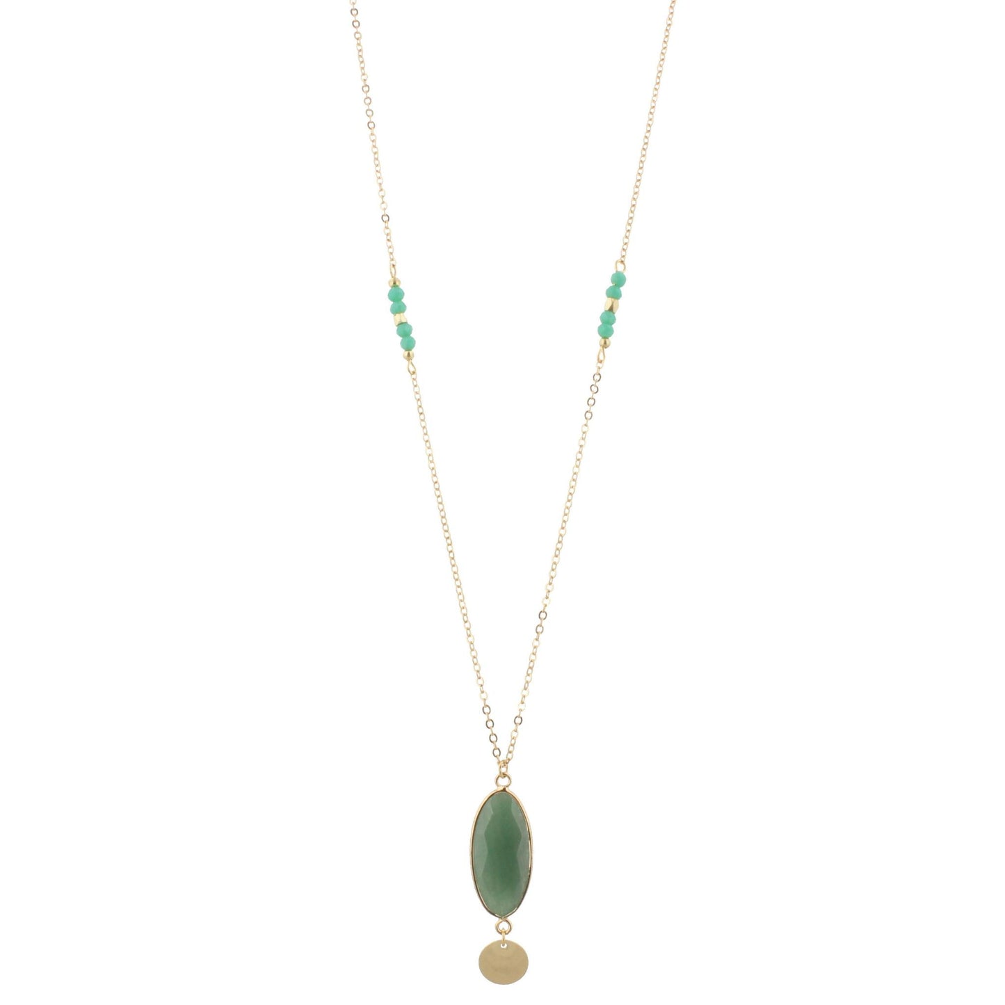 32" Faceted Sage Stone Necklace with Gold Disk Dangle, 3" Ext