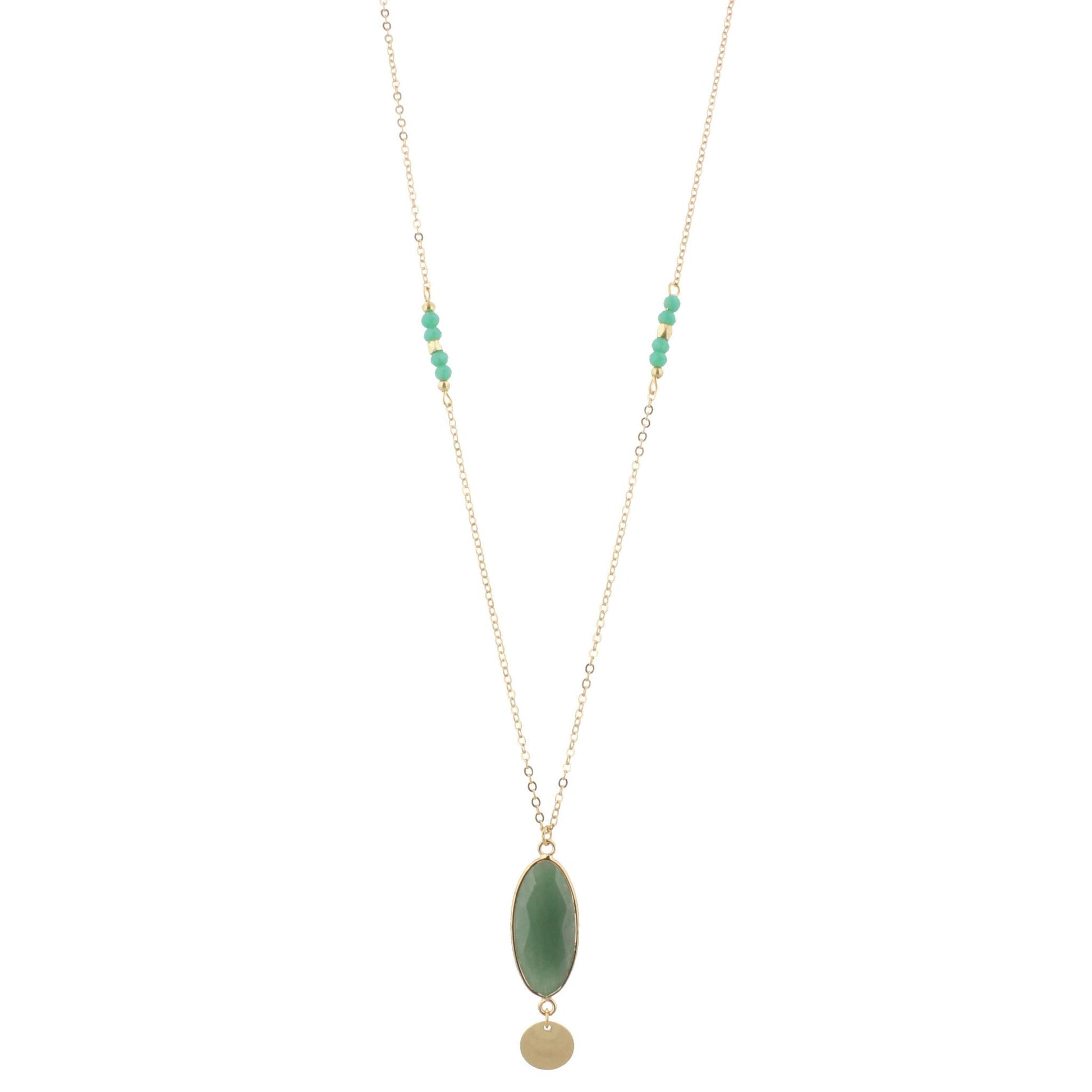 32" Faceted Sage Stone Necklace with Gold Disk Dangle, 3" Ext