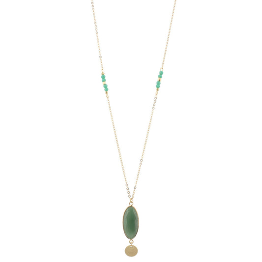 32" Faceted Sage Stone Necklace with Gold Disk Dangle, 3" Ext