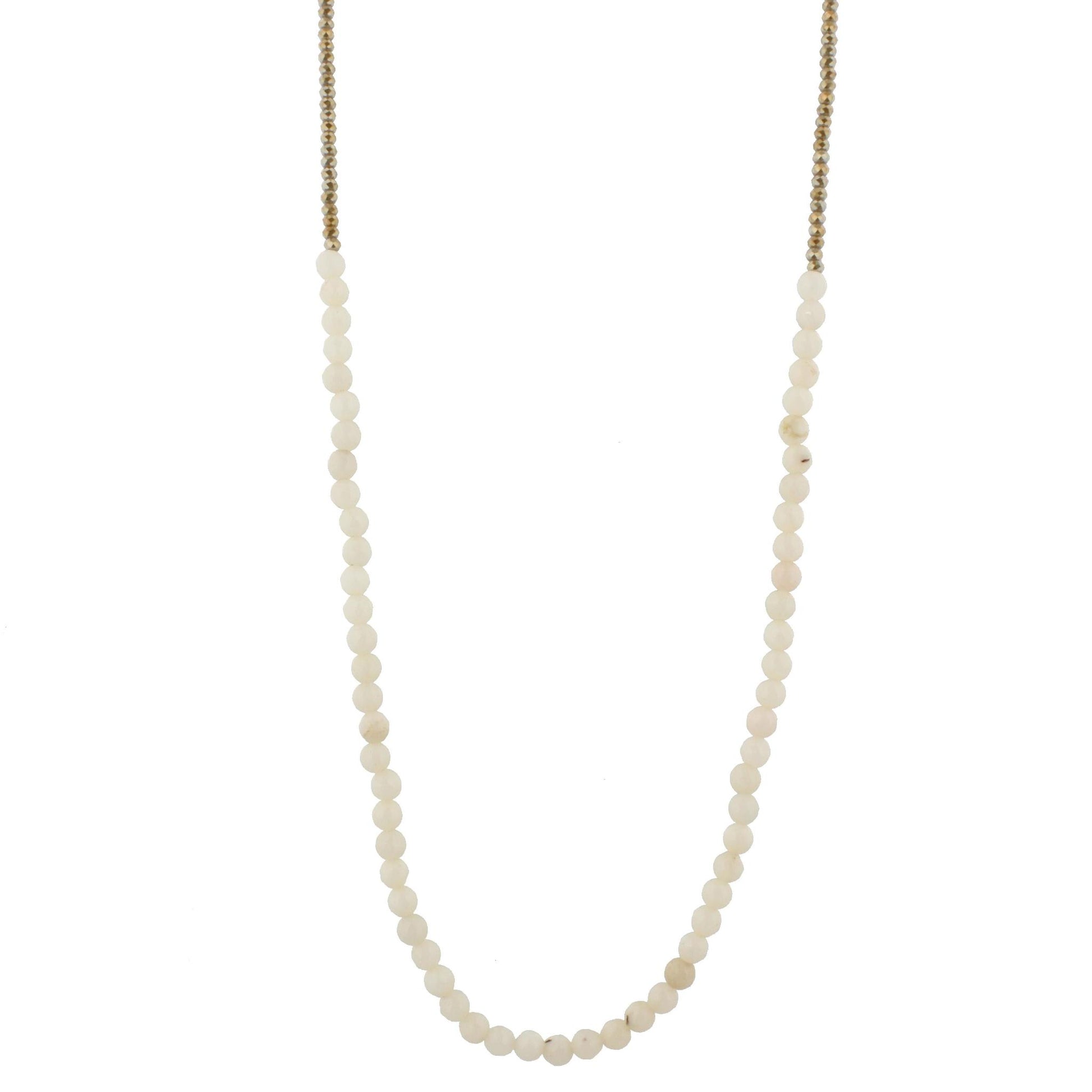 32" Off White Jade Stone Beaded Necklace with Greige Beads, 3" Ext